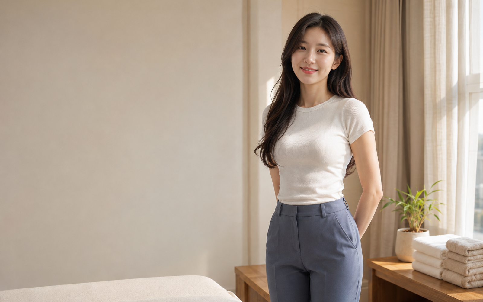 서울 합정동 방문 홈케어를 안내하는 젊은 성인 한국 여성 관리사